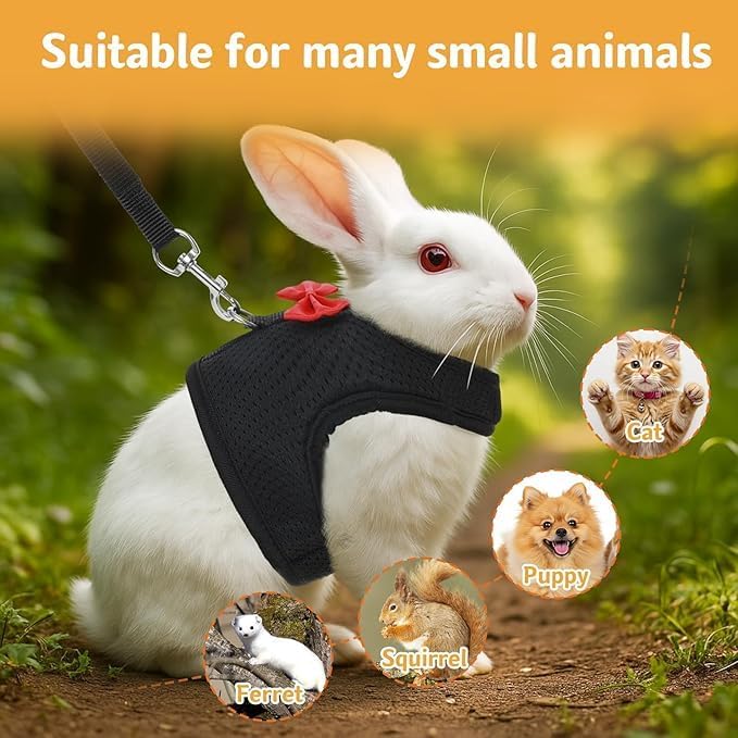 Pink Rabbit Harness and Leash Set, with Cute Bow Soft Breathable Mesh Bunny Vest Harness for Rabbits Kitten Ferret Puppy Small Pets Walking, S