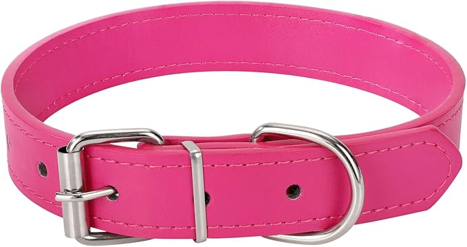Rose Red Soft Leather Dog Collar for Small,Medium, Large Dog, Comfortable and Adjustable(Wide: 0.95'' for Dog's Neck: 13''~18'', Rose Red, L)
