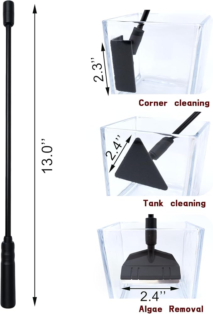 Fish Aquarium Cleaner Kit for Small Nano Tank, 3 in 1 Aquarium Glass Tank Cleaning Kit with Detachable Rod, Algae Scraper, Triangle Flat Brush, Right Angle Brush, Replacement Blade
