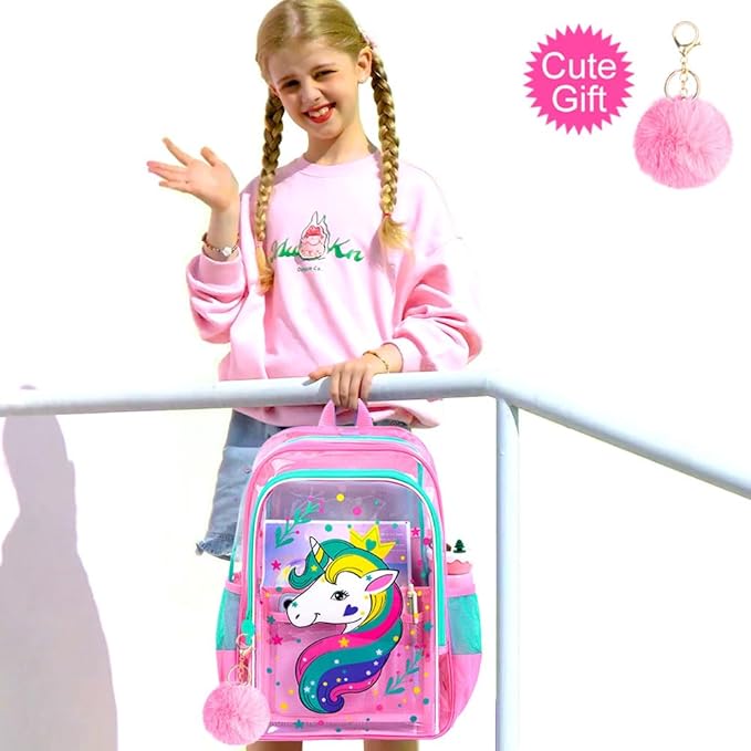 Clear Backpack for Girls and Boys, Kids Transparent Bookbag, 3PCS Cute See Through School Bag for Elementary Prechool