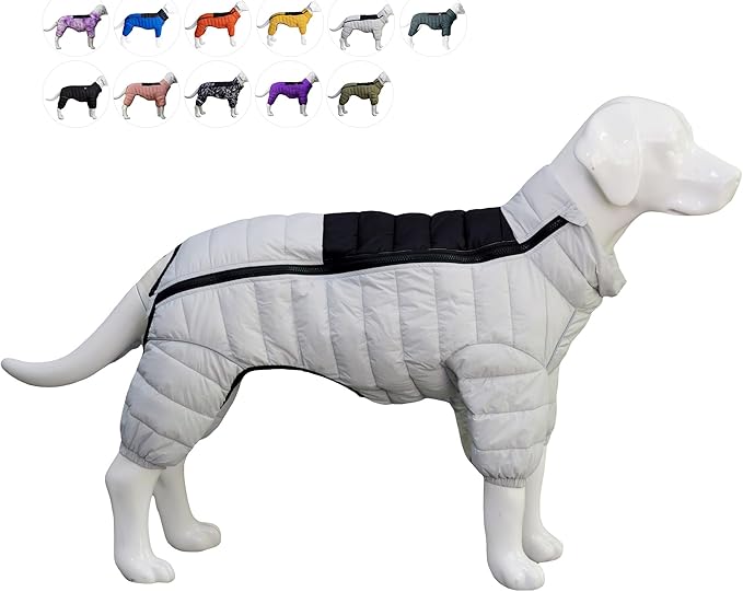 Warm Dog Coat, 4 Legs Covered Waterproof Windproof Reflective Vest, Zippered Adjustable Outdoor Snow Jacket for Small Medium Large Dogs, Off White S