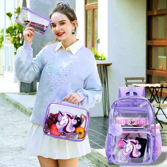 Clear Backpack for Girls and Boys, Kids Transparent Bookbag, 3PCS Cute See Through School Bag for Elementary Prechool