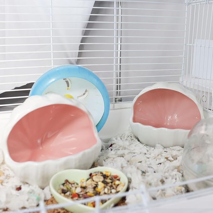 WishLotus Ceramic Hamster Hideout, Adorable Sea Shell Shaped Hamster House, Large-Opening Small Animal Hideout, Small Animal Hideout Habitat Decor for Dwarf Hamsters Gerbils (Pink)