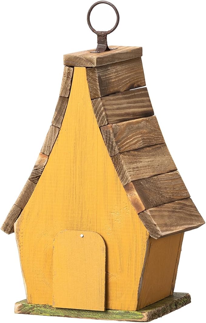 Glitzhome Bird Houses for Outdoors, Solid Wood Bluebird Houses for Outside, 9.5" H Garden Decorative Hanging Birdhouse with Natural Wood Pallet Roof for Finch Swallow Wren Chickadee,Washed Yellow