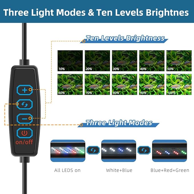 DaToo LED Aquarium Light Full Spectrum Fish Tank Light with Dimmer White Blue Red Green LEDs Fish Tank Light with Three Lighting Modes and Extendable Bracket for 16 Inch to 20 Inch Aquarium