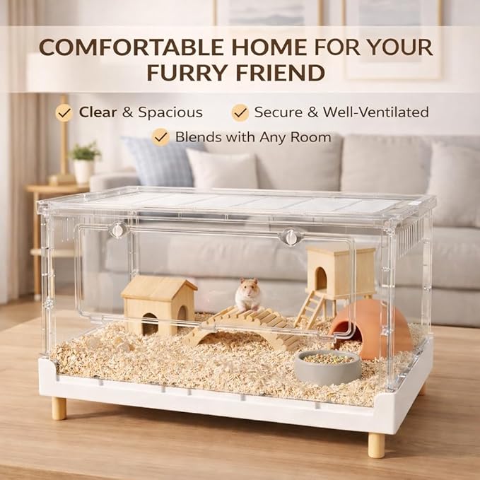 Extra Tall Foldable Clear Hamster Cage with Front Door, Deep Base Habitat for Thick Bedding & Burrowing, Easy Clean Wire Mesh Top Ventilation, Escape Proof Enclosure, 27.5x17x16 in