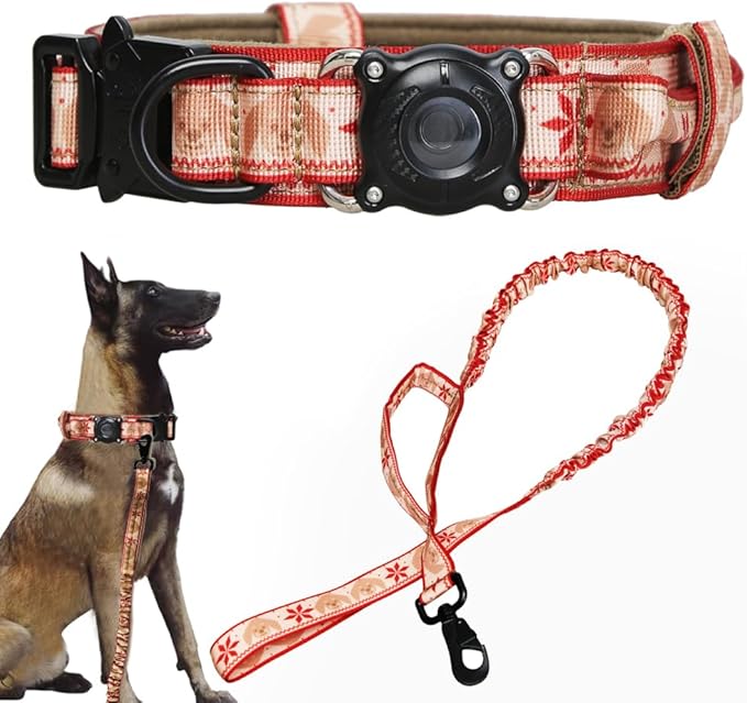 Christmas Tactical Dog Collar and Leash Set with Airtag Holder Waterproof Dog Airtag Collar with Handle Adjustable Heavy Duty Dog Collar Leash Set(Christmas Red，XXL