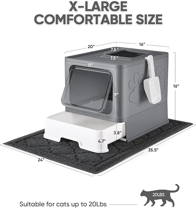 Medario Cat Litter Box with X-Large Litter Mat and Scoop, Large Covered Litter Box with Lid, Enclosed Kitty Box,Front Top Entry Exit, Odor Control Easy to Clean (Upgrade Dark Grey)
