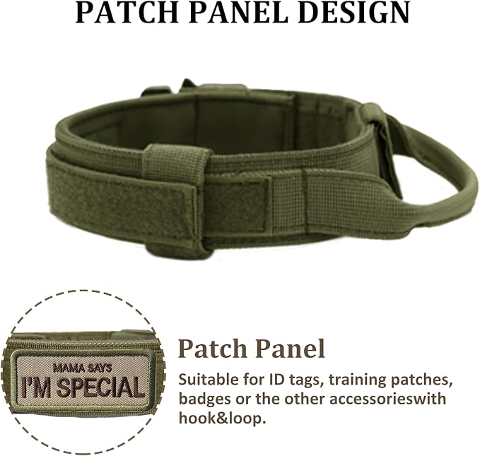Tactical Dog Collar with Handle - Military Adjustable Dog Training Collar Soft Nylon and Heavy Duty Metal Buckle for Medium Large Dogs - with Patch (Green, X-Large)