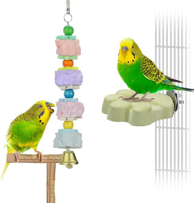 Litewoo Bird Beak Trim Colorful Calcium Stone Parrot Pet Chew Long String Cage Toy with Bell, Chinchilla Grinding Teeth Claw Shape Lava Block for Conure, Budgies, Parakeet, Hamster, Rabbit 2-Pcs