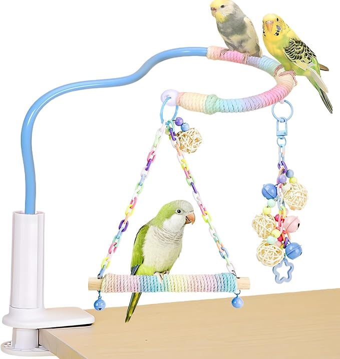 Flexible Bird Perch Stand with Swing - Desktop Playground & Bird Toy for Conure, Cockatiel, Budgie, Lovebird, Parakeet - Non-Slip Adjustable Parrot Perch (Blue)