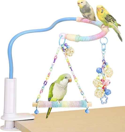 Flexible Bird Perch Stand with Swing - Desktop Playground & Bird Toy for Conure, Cockatiel, Budgie, Lovebird, Parakeet - Non-Slip Adjustable Parrot Perch (Blue)