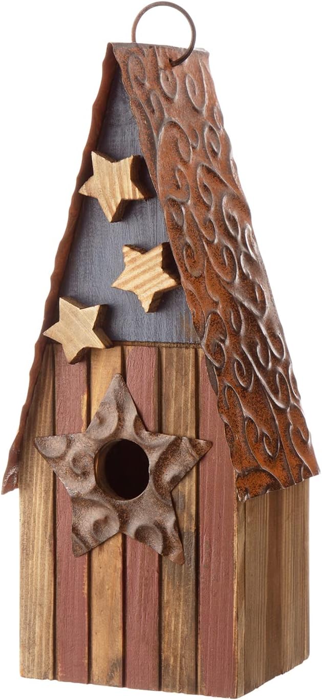 Glitzhome Bird House for Outdoors, 12.5 Inch Wooden Bird House Patriotic USA Distressed Hanging Birdhouses for Bluebird Cedar Wren Chickadee Sparrow Bird Nest Box for Garden Patio