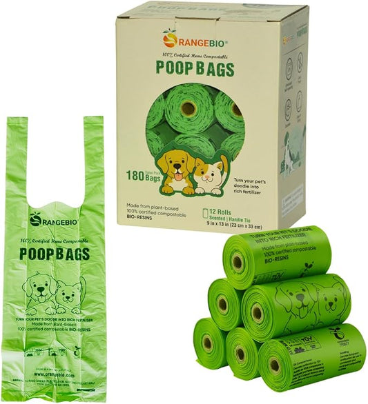 OrangeBio Dog Poop Bags with Handles, 100% Certified Home Compostable, 13 x 9 Inches - 180 Count (15 Bags per Roll, 12 Rolls), Scented, OK Compost Home Certified