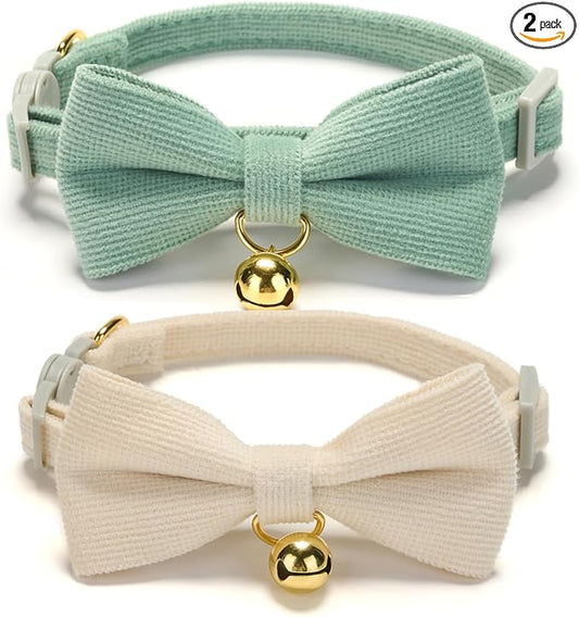 2 Pack Soft Corduroy Cat Collars with Bow Tie & Bell Adjustable Breakaway Bowtie Kitten Collar for Girl Boy Kittens(White & Grass Green)