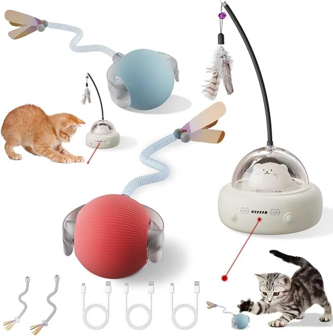 Interactive Cat Toys Set, 1 Automatic Laser Toy with Feather Wand and 2 Cat Ball Toys, Rechargeable 3-in-1 Pet Toys for Indoor Cats and Kittens