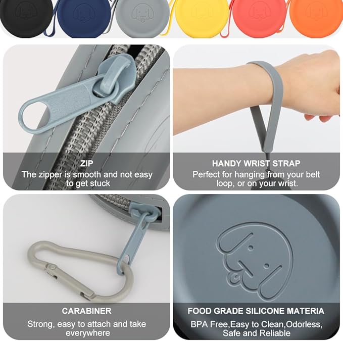Silicone Dog Treat Pouch, 2PCS Pet Walking Bag for Dog and Cat, Pocket Size, Easy to Clean, Odorless, Zipper Design, Moisture-proof, Portable Training (Dark Gray & Black)
