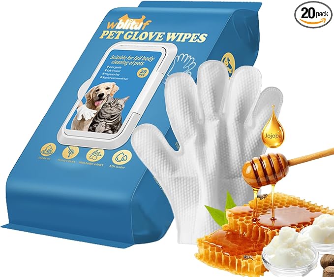 Pet Wipes Dog Wipes Disposable Grooming Mitts Dog Paw Cleaner Cat Wipes Waterless Bath Glove pH Balanced Lick Safe with Coconut Oil for Dogs and Shea Butter for Sensitive Skin 20 Count