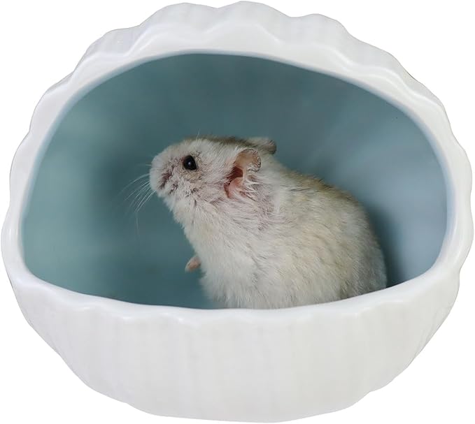 WishLotus Ceramic Hamster Hideout, Adorable Sea Shell Shaped Hamster House, Large-Opening Small Animal Hideout, Small Animal Hideout Habitat Decor for Dwarf Hamsters Gerbils Chinchilla (Blue L)