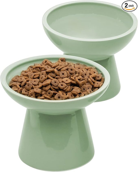 CEEFU 2 Elevated Ceramic Cat Bowls Extra Wide for Food & Water – Whisker Fatigue Shallow Food Dish, Lead & Cadmium-Free, Raised Height for Cats, Sage Green