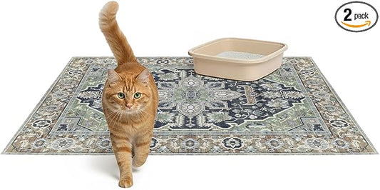 Lovewag Pets Cat Litter Mat 2 Pack - Large 36x48 Machine Washable Easy Clean Non-Slip Waterproof Mats for Cats - (Sage Forest)