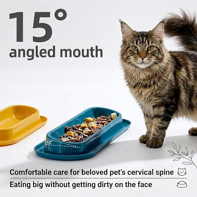 Multi-Cat Home 4-Pack, Long Pet Food Bowls, Large Capacity Non-Slip Easy Clean Dishes for Indoor & Outdoor Feeding (Orange, Dark Blue, Yellow, Lake Green)