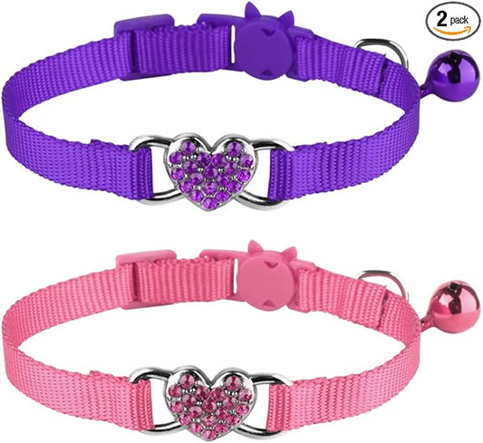 2 Pcs Cat Collars Heart Bling Breakaway with Bell Nylon Adjustable for Kitty (Pink+Purple)