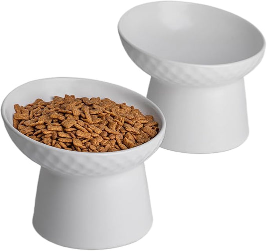 6 inch Small Ceramic Raised Cat Bowls, Tilted Elevated Food or Water Bowls, Stress Free, Backflow Prevention, Dishwasher and Microwave Safe, Lead & Cadmium Free(White 6 inch 2pc)