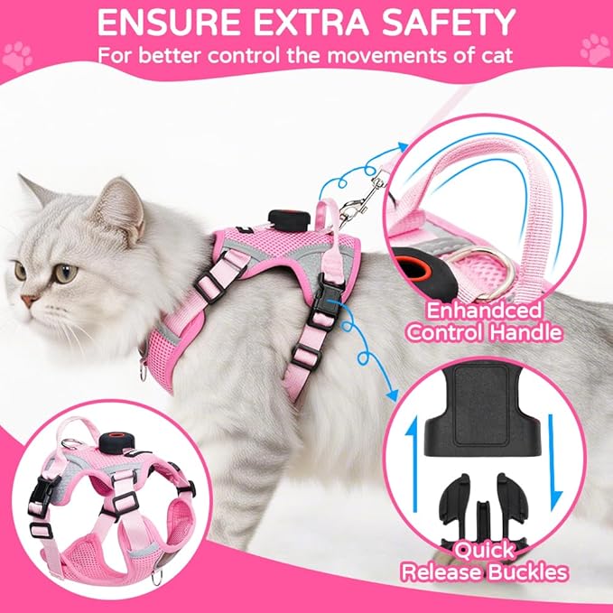 Large Cat Harness and Leash Set with Holder Compatible with AirTag, Upgraded Escape Proof Vest for Extra Large Cats Small Dogs Puppy, Mesh Outdoor Walking Jacket, Reflective Adjustable, Pink, XL