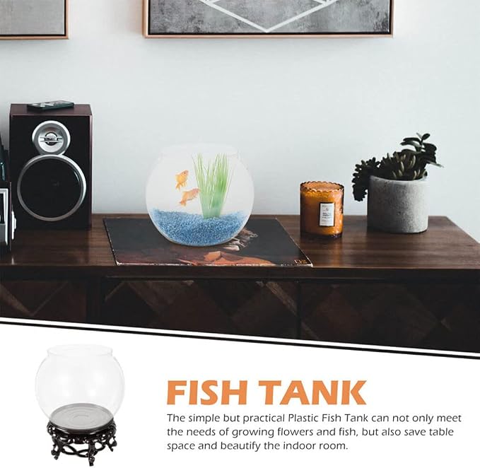 Ipetboom Glass Fish Bowl Fish Tank Stand Bubble Fish Bowl with Wood Stand Set Small Goldfish Tank Clear Hydroponic Plant Terrarium Desktop Fish Tank with Display Base
