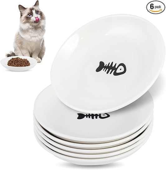 6 Pack Cat Food Bowl, Ceramic Cat Bowls, Anti Whisker Fatigue Cats Bowl Set,5.5 Inches Shallow Wide Kitten Plates for Food and Water (White-D)