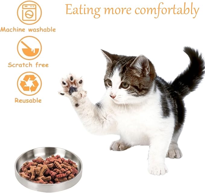 2 Pcs Whisker Fatigue Cat Bowl, 5.9 Inch Stainless Steel Cat Water Bowls, Shallow Cat Food Bowls Oval, Pet Bowls for Small Dogs Cats, Dishwasher Safe (Silver)