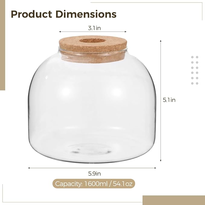 54 oz Glass Fish Bowl Vase with Cork Lid, Clear Bubble Planter Vase Globe Flower Centerpiece, 3 Inch Open Mouth Round Terrarium Vase, 6 Inch Diameter x 5 Inch Height