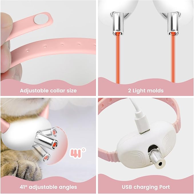 Automatic Laser Collar Cat Toy - Upgraded Laser Cat Toys, Flashing and Lasting modes, 8-12″ Bend Collar & 41°Adjust Angle free hands. Type-C USB Charge 1H and works 12H. Gifts for Ailurophile(Pink)