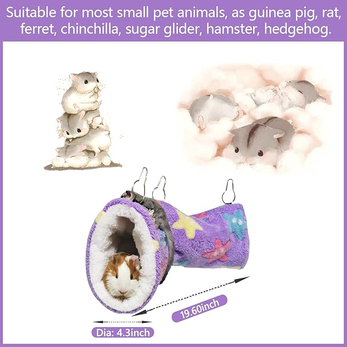 LEFTSTARER Guinea Pig Accessories Tunnel Sugar Glider Cage Accessories Hamster Rat Toys Ferret Hammock Hanging Tunnel for Small Animals （Purple-Star）