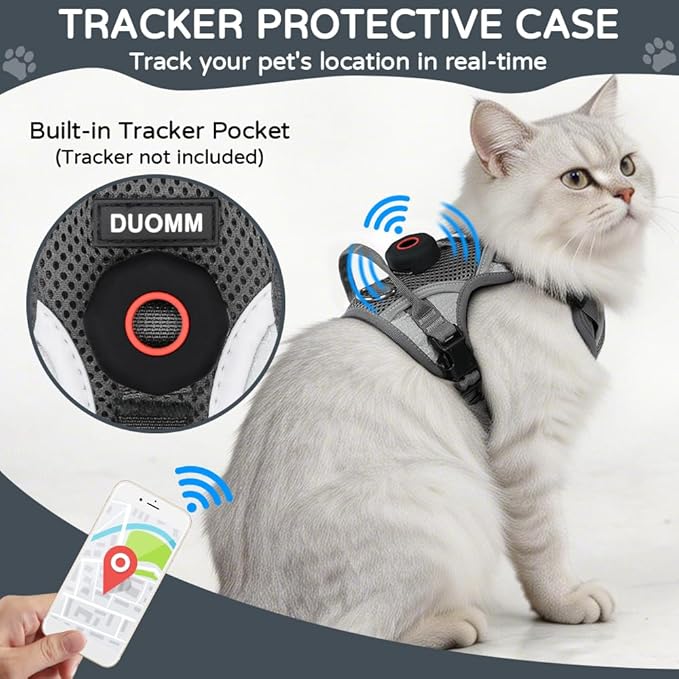 Large Cat Harness and Leash Set with Holder Compatible with AirTag, Upgraded Escape Proof Vest for Extra Large Cats Small Dogs Puppy, Mesh Outdoor Walking Jacket, Reflective Adjustable, Grey XL