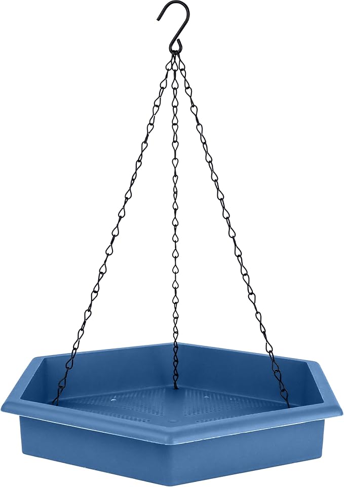 Combo Café 2-in-1 Recycled Plastic Bird Feeder and Bird Bath for Wild Birds and Outdoor Décor, Hanging Bird Bath and Tray Feeder with Chains Included, 1.5 Quart Capacity, Blue