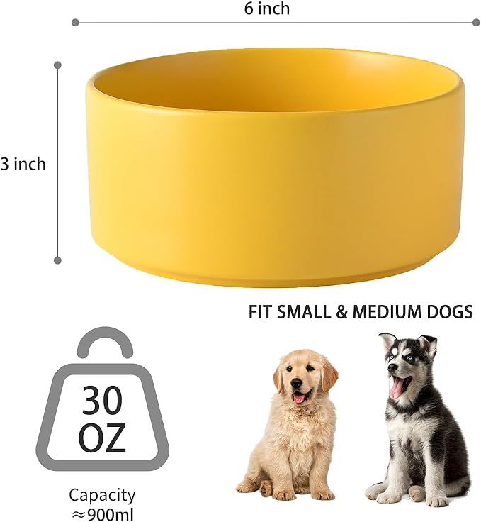 Ceramic Set of 2 Dog Bowls - Classic Dogs Food & Water Bowl for Small and Medium Breed, Heavy-Duty Non-Slip Dog Dishes, Food Grade Pet Bowl, Dishwasher & Microwave Safe (6'', 2*30OZ, Yellow)