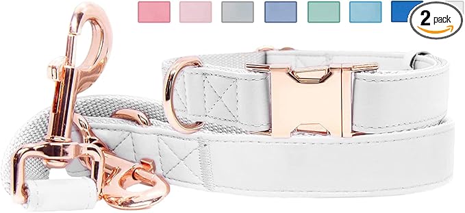 Soft Leather Dog Collar and Leash (6.6') Set - Stylish Rose Gold Heavy Duty Metal Buckle, 4 Adjustable Lengths Leash for Small Medium Large Dogs - Comfortable & Easy to Clean White L(15.4"-24.8")