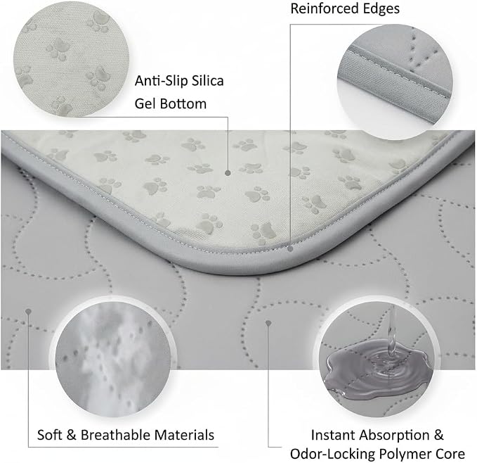 Gentle Purr Large Washable Pee Pads for Dogs 36" x 36", 2 Pack Reusable Puppy Training Pads, Soft Oeko-TEX Certified Polyester Top, Absorbent Non-Slip Crate Liners for Whelping and Senior Dogs, Gray