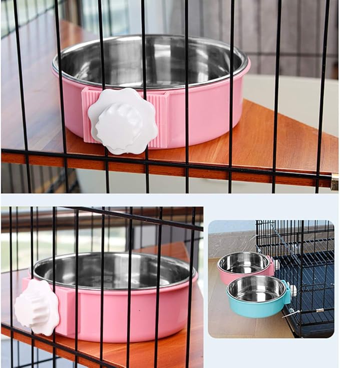 Crate Dog Bowl,Removable Stainless Steel Water Food Feeder Bowls Crate Coop Cup,Pet Cage Bowls with Bolt Holder for Cat, Puppy, Birds, Rats, Rabbits Small Animals ((Blue+Pink) Round, Large)