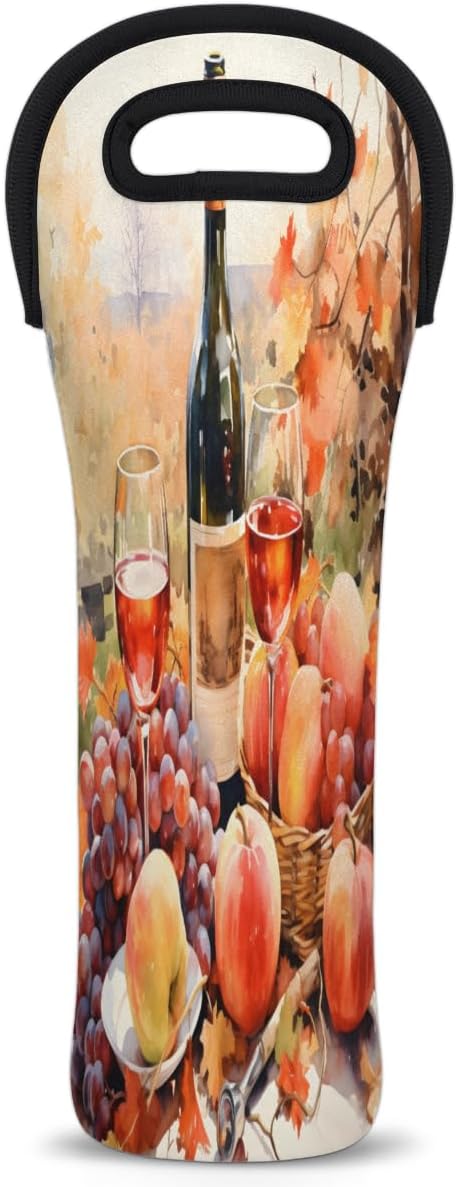 Grapes Wine Pattern Wine Bag Single Bottle Wine Tote Bag Neoprene Wine Carrier Bags with Carry Handle Portable Wine Bottle Holder for Travel Party Picnic