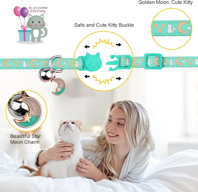 Baeuppit 2PCS Breakaway Cat Collars with Bell Cute Kitty Glow in The Dark Adjustable Kitten Collars 7.9-13.0 Inch(Teal&Purple)