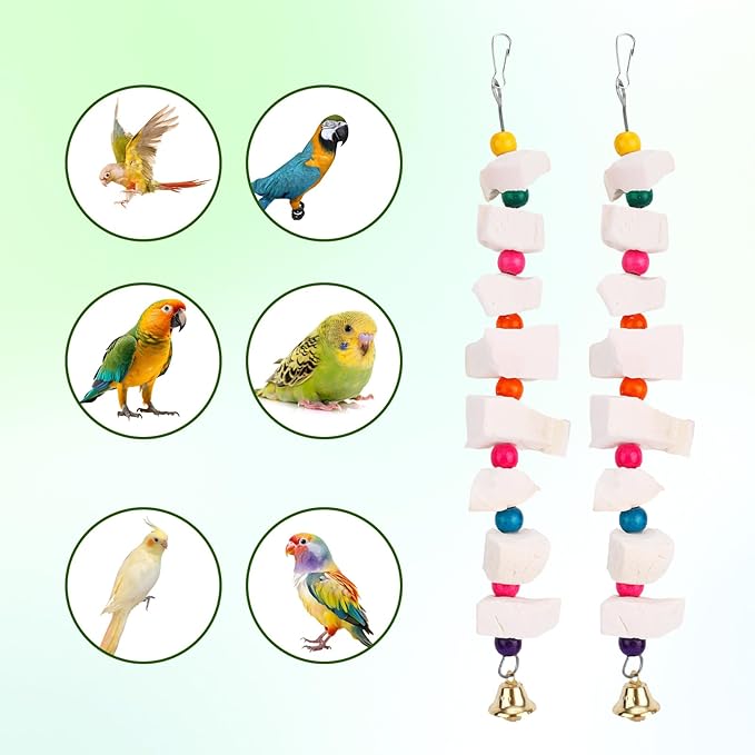 Penitue 2pcs Bird Chew Toys with Calcium Cuttlebone Cuttlefish & Beak Grinding Stone, Natural Perch Cage Accessories for Parakeets, Budgies, Cockatiels Conure Parrot Lovebirds & Small to Medium Birds