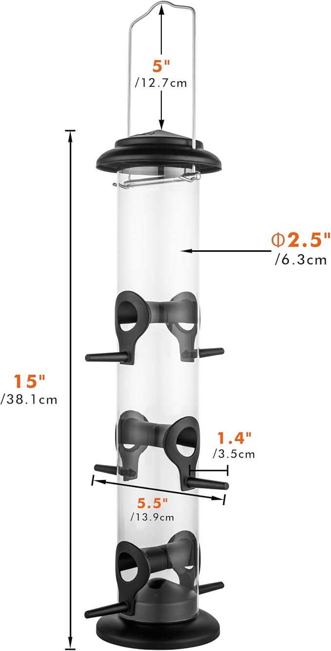iBorn Metal Bird Feeder Hanging Wild Bird Seed Feeder for Mix Seed Blends Heavy Duty All Metal Black Finish,15 Inch 6 Port,Pack of 2