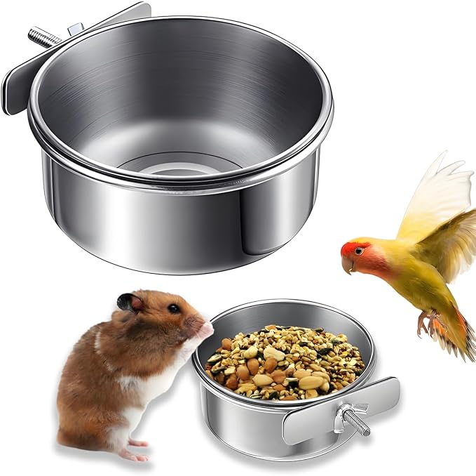 Parrot Feeding Cups Stainless Steel Bird Cage Feeder & Water Bowl - Chew-Proof Food Bowls with Clamp Holder for Parrot, Cockatiel, Conure, Budgie, Macaw, and Small Animals (L-1Pc)