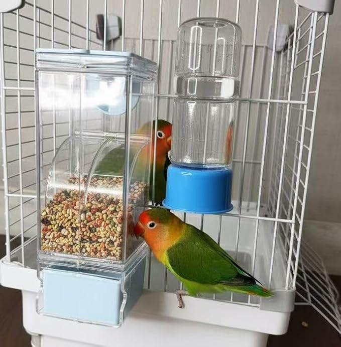 Automatic No Mess Bird Cage Feeder and Water Dispenser Set for Parakeet Cockatiel Parrot Lovebird, 2 in 1 Cage Hanging Food Bowl for Small Birds, No Spill Bird Feeder Container