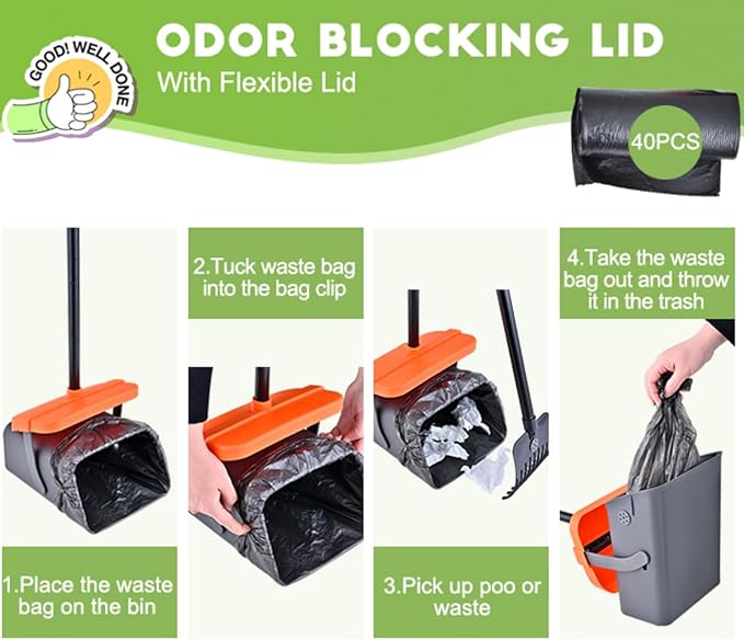 Dog Pooper Scooper for Large Dogs, 46" Long Handle Adjustable Pooper Scooper for Large Dogs，Dog Pooper Scooper with 55 Waste Bags，Large Capacity Swivel Bin & Rake