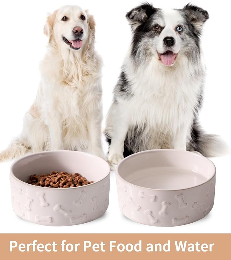 UBEE Ceramic Dog Bowl Set of 2, Dog Food Bowl Dish, Pet Food Water Dish Feeding for Small and Meidum Dogs and Large Cat, White, Bone Pattern, 6.1 in-Medium