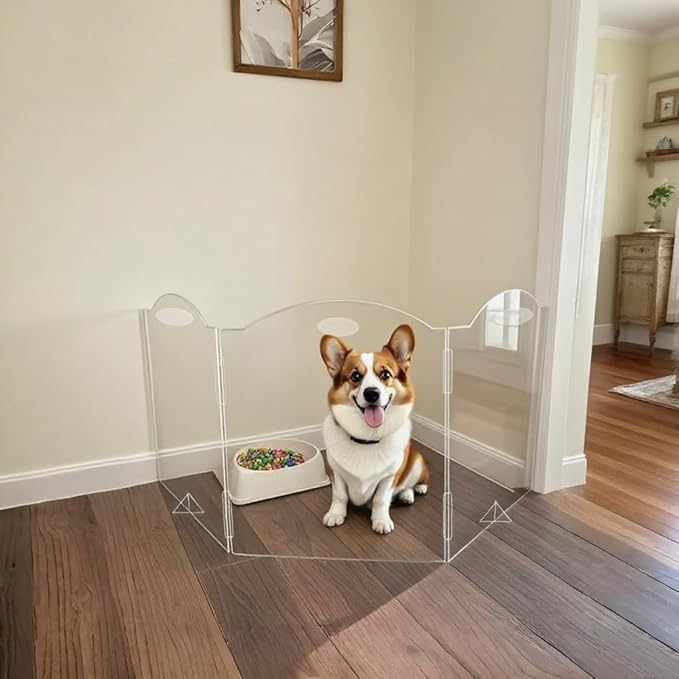 Clear Freestanding Dog Gate - 3 Panel Foldable Pet Gate for Doorways No Drilling Needed, Transparent Puppy Fence with Support Feet, Indoor Dog Barrier for Home Safety (60" W x 23.5" H)